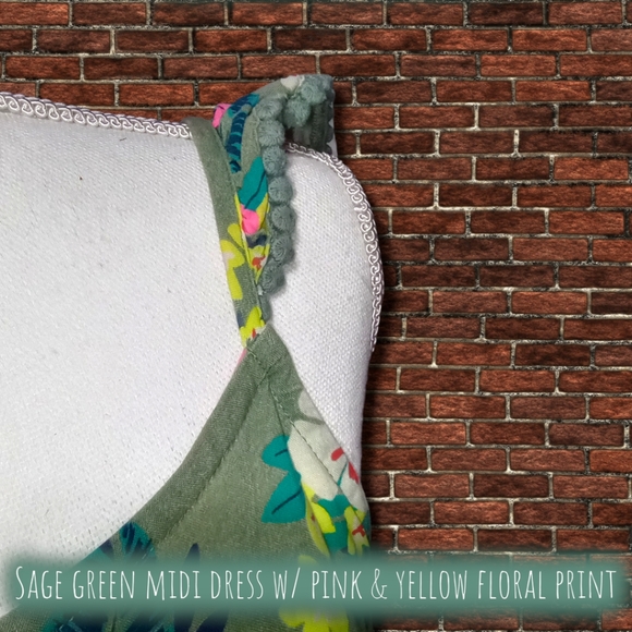 Sage Green Midi Dress w/Pink & Yellow Floral Print - Picture 3 of 8